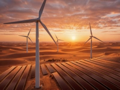 Wind turbines on a green landscape