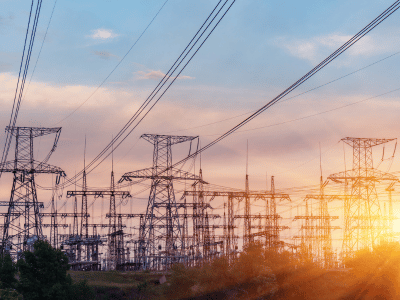 Sunsetting behind pylons